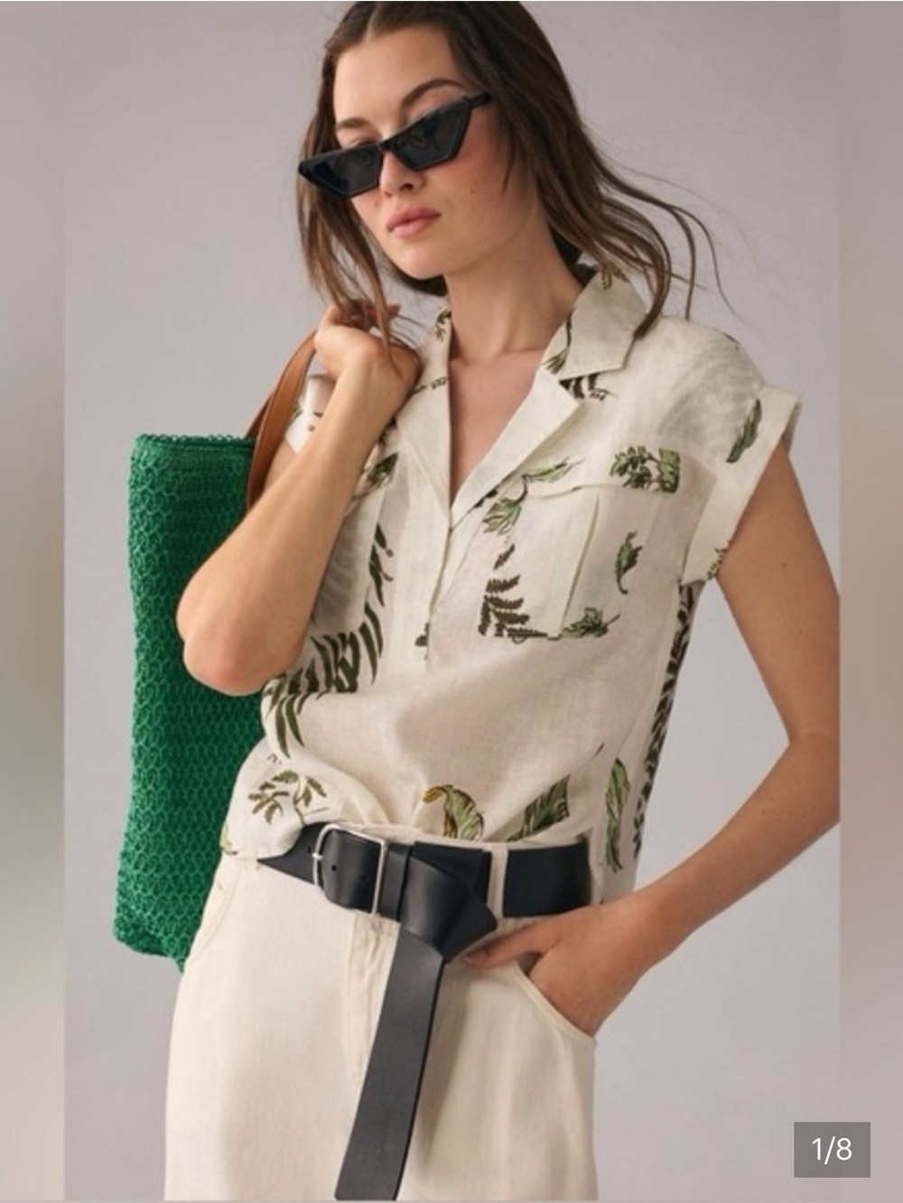 Anthropologie Cream Short-Sleeve Button-Down Shirt with Green Tropical Print